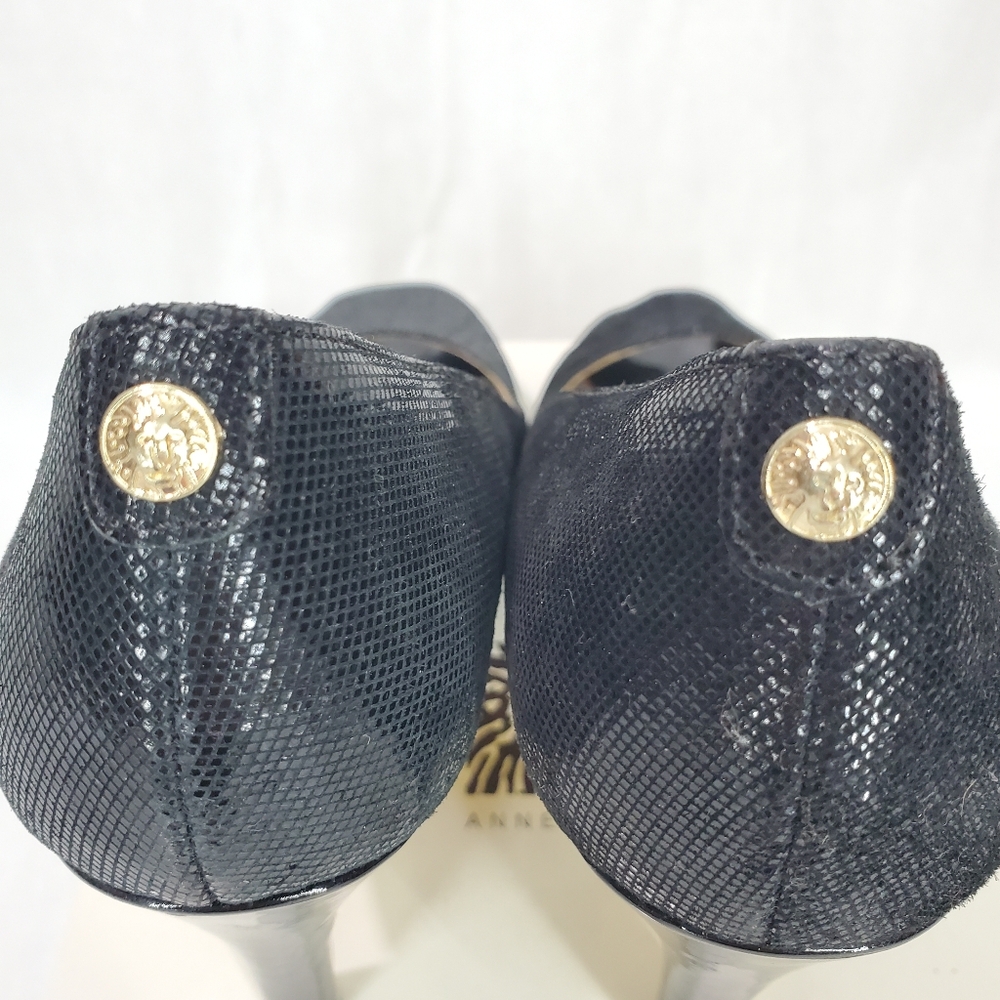 Anne Klein Womens Dyna Size 7 Black Leather Slip On Peep Toe 4" Heel Pumps - Picture 7 of 15